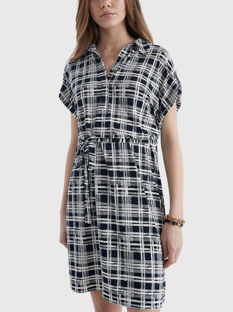 Női Tommy Hilfiger Rövid-Sleeve Plaid Shirtdress Dresses Kék Fehér | HU 115WNB